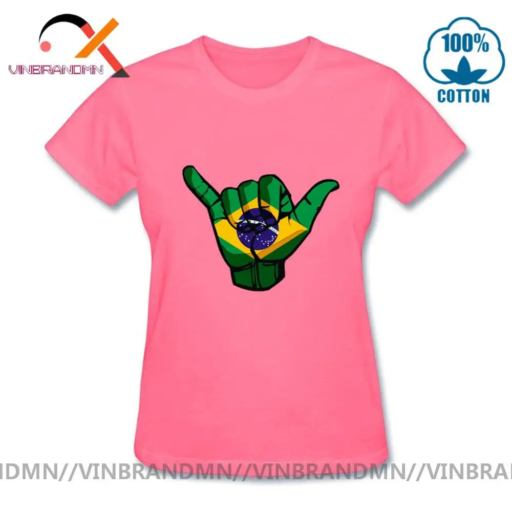 Funny Shaka sign Brazil flag T shirts Women Short Sleeve O-neck 100% Cotton T-shirt Hot sale Casual Fashionable Urban Apparel