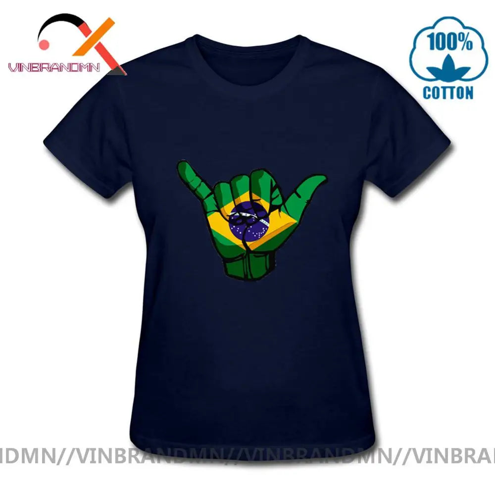 Funny Shaka sign Brazil flag T shirts Women Short Sleeve O-neck 100% Cotton T-shirt Hot sale Casual Fashionable Urban Apparel
