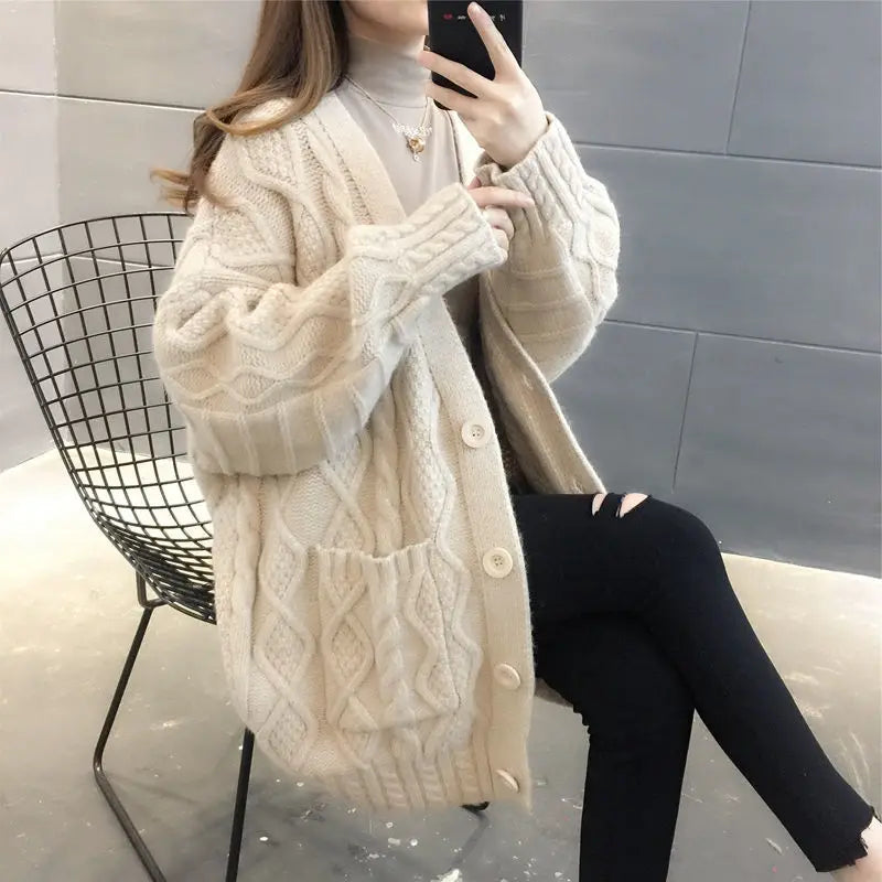 Cardigan Women Long Warm Solid Six Colors Single Breasted Pockets Comfortable Fashion Korean Style Casual All-match Simple Chic