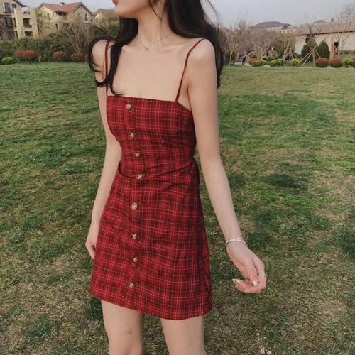 Dress Women Retro Red Plaid Summer Lace Up Vacation Elegant Girls Ulzzang Midi Sleeveless Strap Dresses New Fashion Street Style