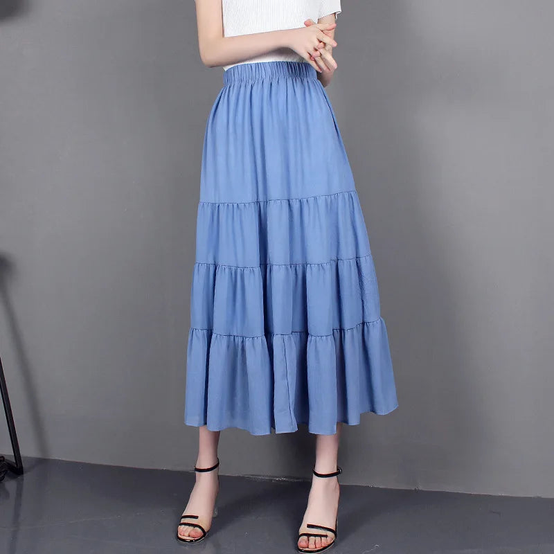 Versi Korea Selatan Musim Panas Wanita Berpinggang Tinggi Luar Bandar Kecil Bunga Segar Skirt Kolej Chiffon Elegan Bercetak Separuh Panjang