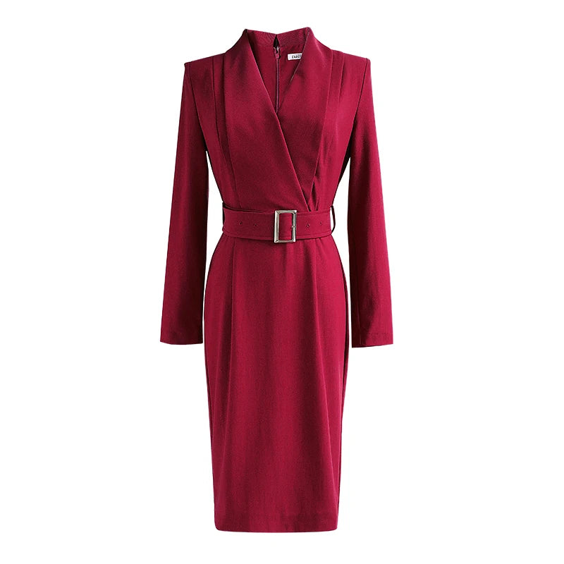 Dabuwawa Ikat Pinggang Burgundy Elegan Gaun Sarung Wanita Pejabat Lengan Panjang V-Neck Slim Fit Pakaian Kerja Pesta Pakaian Wanita DT1CDR013