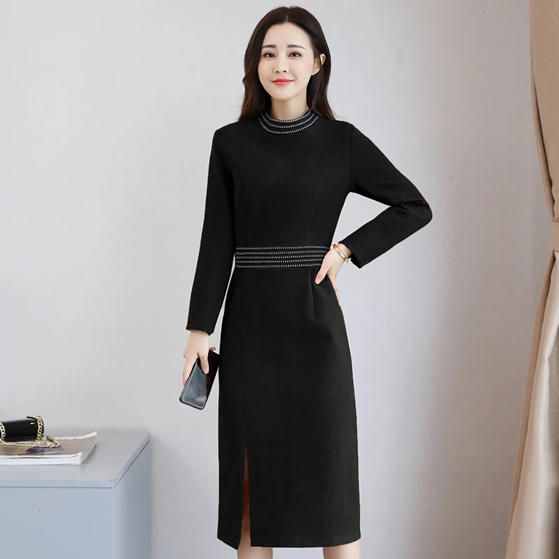 2020 Baru Musim Bunga Musim Gugur Vintage Pakaian Wanita Hitam Lengan Panjang Midi Pakaian Wanita Gaun Wanita Elegan