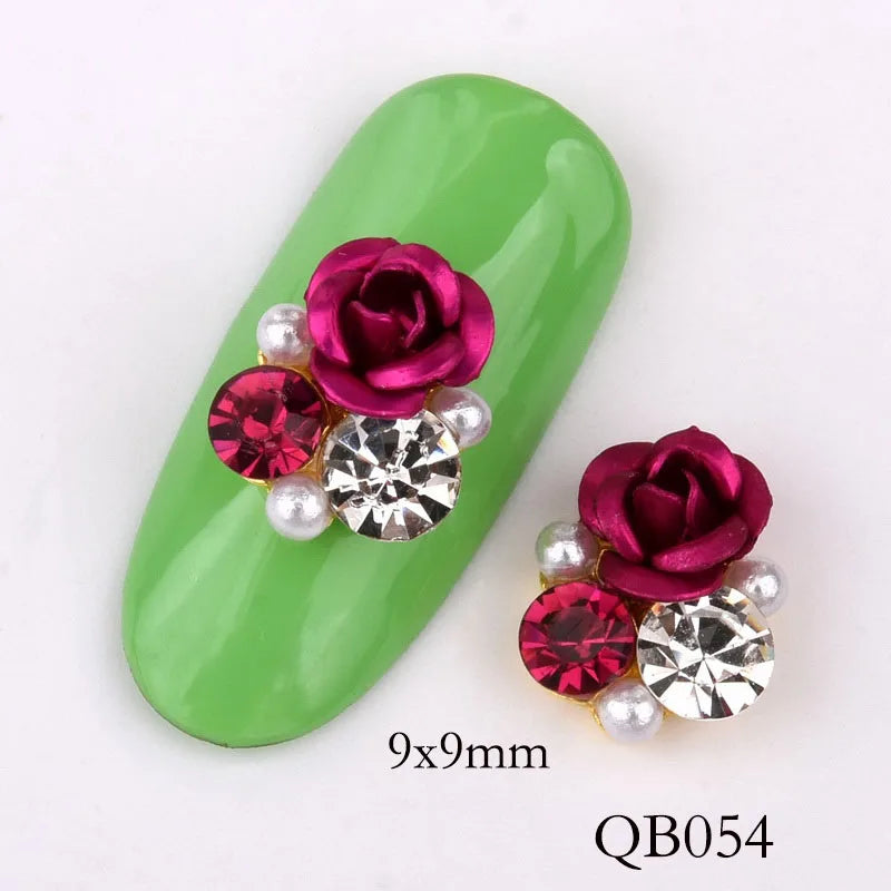New 10pcs Bright Pearl Rhinestone Flower design Alloy Nail Art Decorations Glitter DIY 3D Nail Jewelry Pendant QB054-063