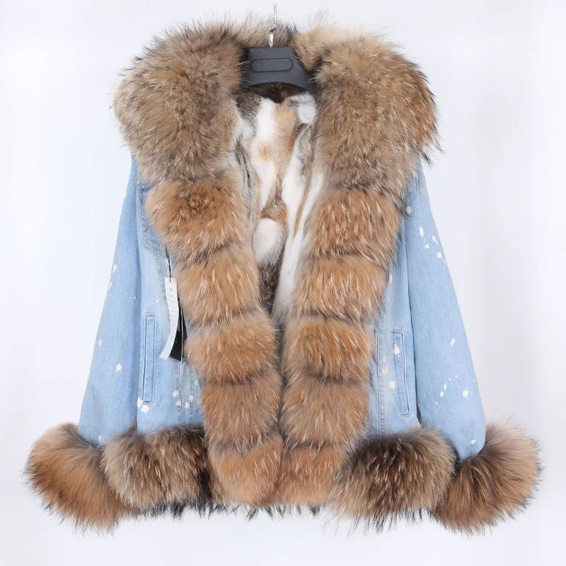 Super short denim fox fur collar rabbit fur lining removable fashionable warm jacket casual jacket