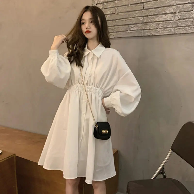 Pakaian Wanita Korea Pinggang Elastik Rekaan Vintage Hitam Musim Panas Mudah Wanita Vestidos Lengan Tanglung Bergaya Pakaian Gadis Preppy