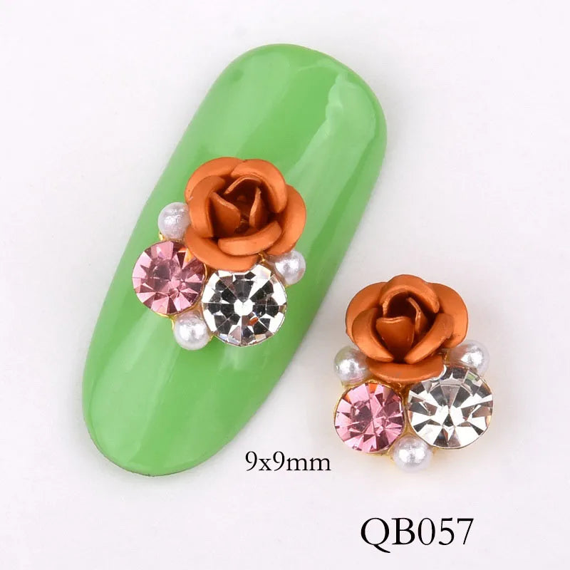 New 10pcs Bright Pearl Rhinestone Flower design Alloy Nail Art Decorations Glitter DIY 3D Nail Jewelry Pendant QB054-063