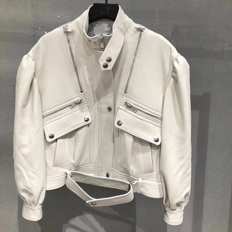 Jaket Motosikal Kulit Tulen Baharu Musim Gugur 2020 Lengan Puff Jaket Kulit Biri-biri Import New Zealand