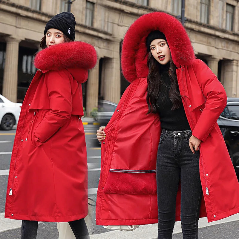 Parka Tudung Bulu Besar Wanita Pelapik Boleh Tanggal Lapik Kapas Panjang Bawah Kot Empuk Wanita Pakaian Tahan Panas Panas Tebal Jaket Musim Sejuk Wanita AU-181