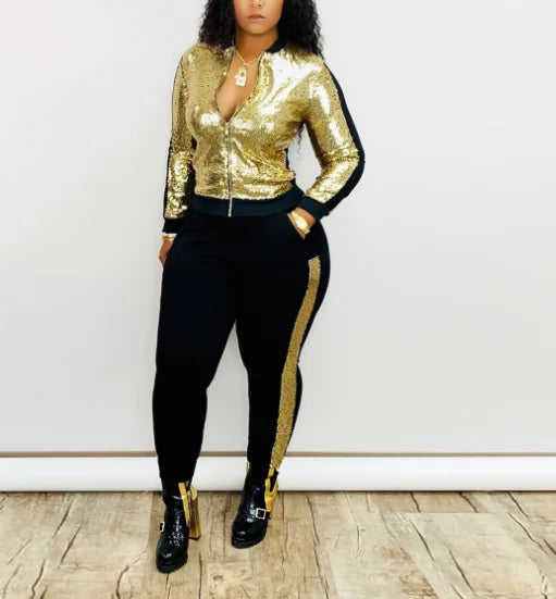 Set 2 Piece Sequin Musim Gugur Musim Sejuk Wanita Pakaian Latihan Yg Hangat Lengan Panjang Jaket Atas Sut Seluar Pakaian Jalanan Set Padanan Berkilauan Pakaian Kelab