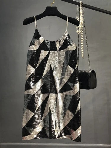Geometric Sequined Diamonds Strap Spaghetti Dress Slim-Fit A-line Shiny Sundress Sexy Silver Mini Vestido Spring Women Clothing
