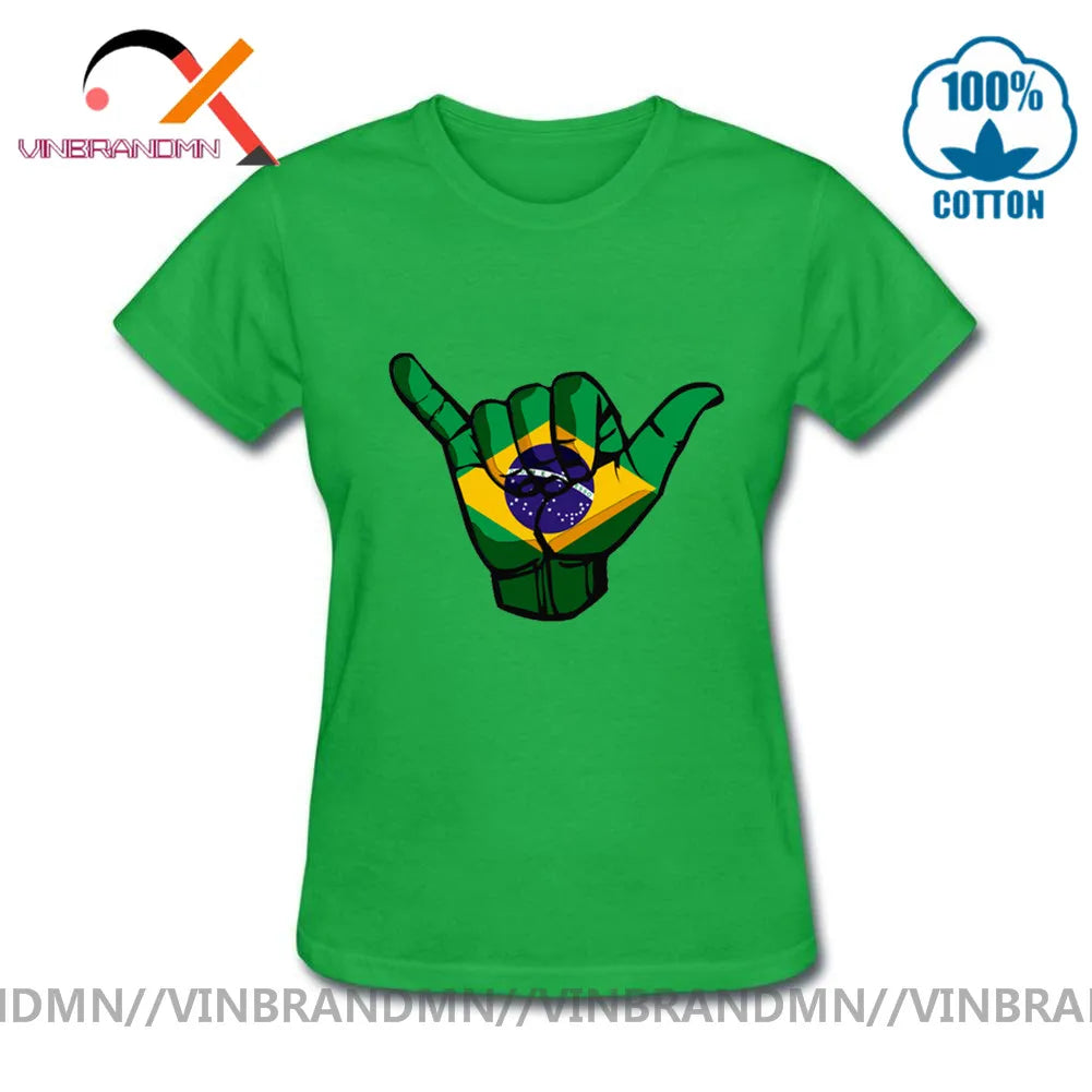 Funny Shaka sign Brazil flag T shirts Women Short Sleeve O-neck 100% Cotton T-shirt Hot sale Casual Fashionable Urban Apparel