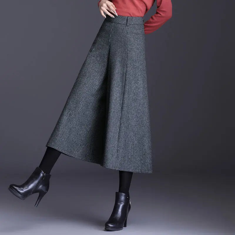 Wide Leg Pants Women's Skirt Plaid Bell-bottom Pants Autumn Winter Cropped Skirt Pants Capri Trousers Thick Plaid Bootcut Pants