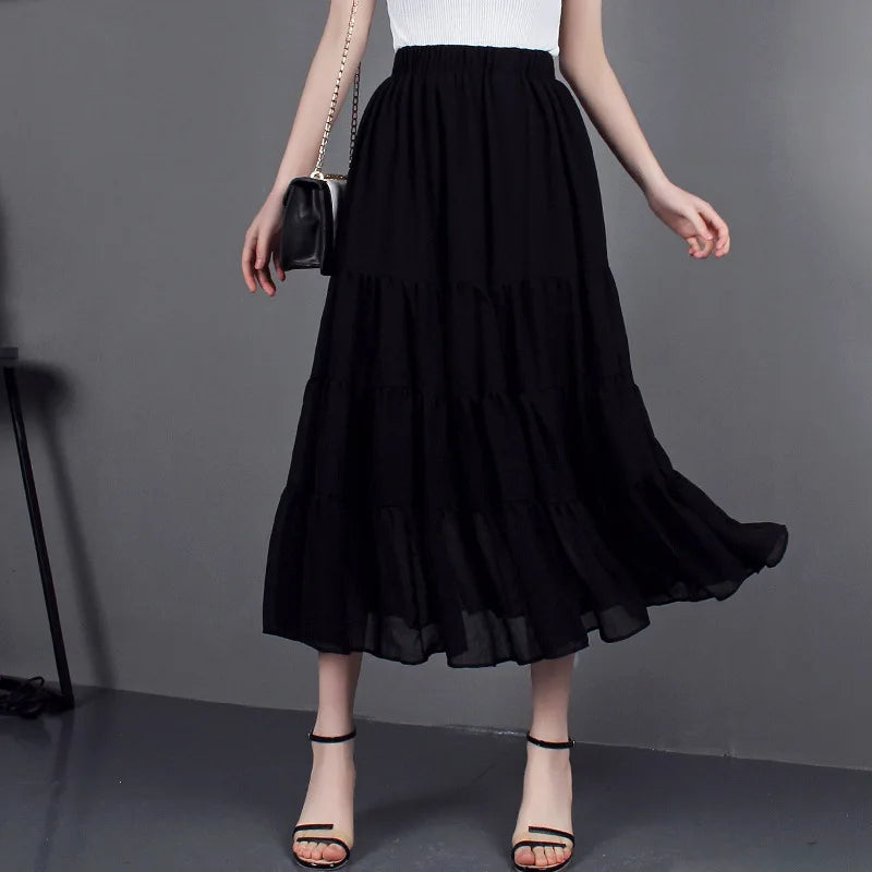 Versi Korea Selatan Musim Panas Wanita Berpinggang Tinggi Luar Bandar Kecil Bunga Segar Skirt Kolej Chiffon Elegan Bercetak Separuh Panjang