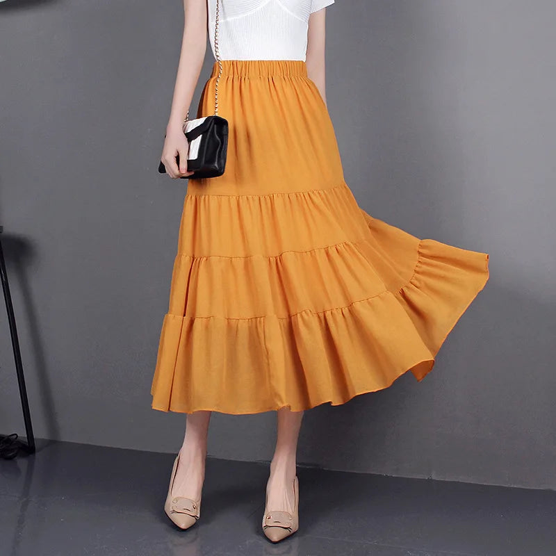 Versi Korea Selatan Musim Panas Wanita Berpinggang Tinggi Luar Bandar Kecil Bunga Segar Skirt Kolej Chiffon Elegan Bercetak Separuh Panjang