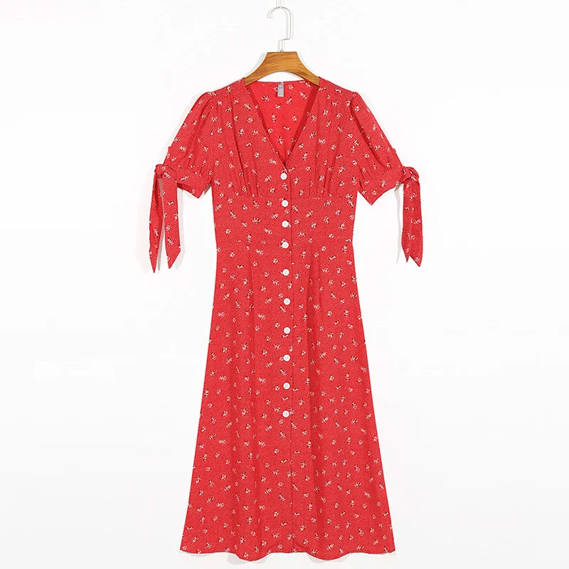 Dresses For Women Summer V Neck Short Sleeve Tie Floral Print Vintage Dress Buttoned Sexy Front Slit Elegant Midi Dress Clothes