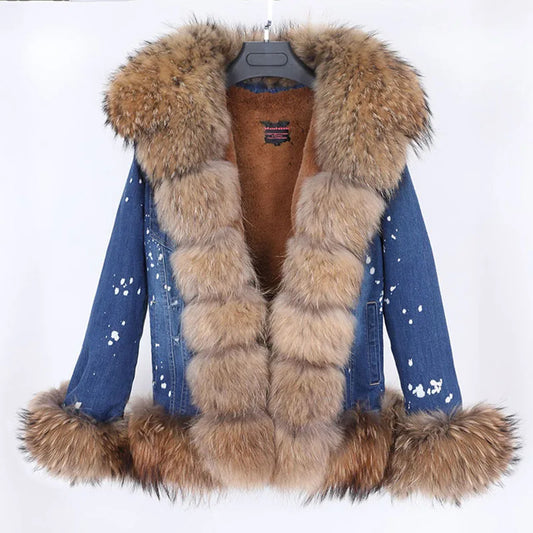 Super short denim fox fur collar rabbit fur lining removable fashionable warm jacket casual jacket