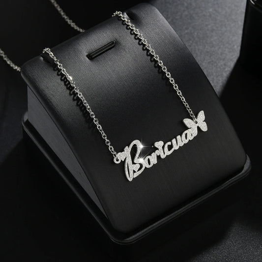 Atoztide 2022 Customized Stainless Steel Frosted Name Necklace Butterfly Personalized Letter Choker Pendant Nameplate Gift