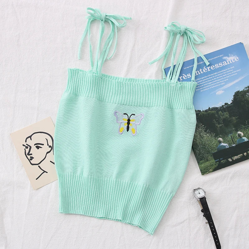 OUMEA Knitting Bow Tie Cami Tops Butterfly Bordir Spaghetti Knit Seksi Crop Top Musim Panas Wanita Tops Kasual Keluar Atasan Kurus