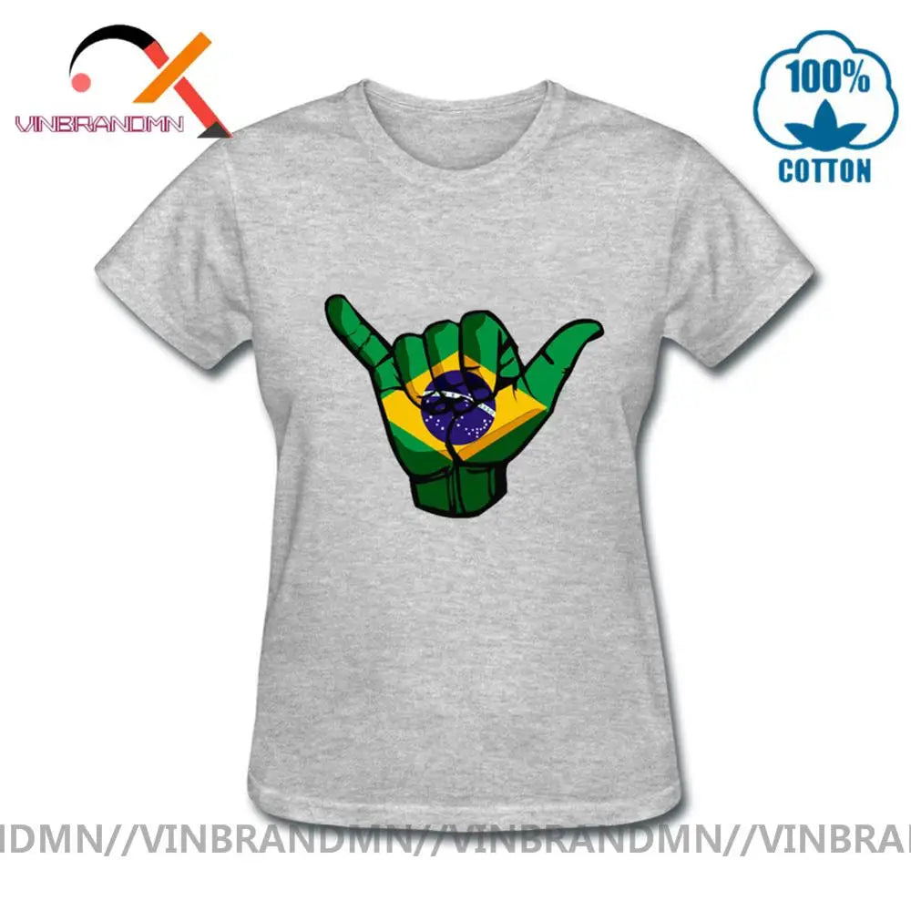 Funny Shaka sign Brazil flag T shirts Women Short Sleeve O-neck 100% Cotton T-shirt Hot sale Casual Fashionable Urban Apparel