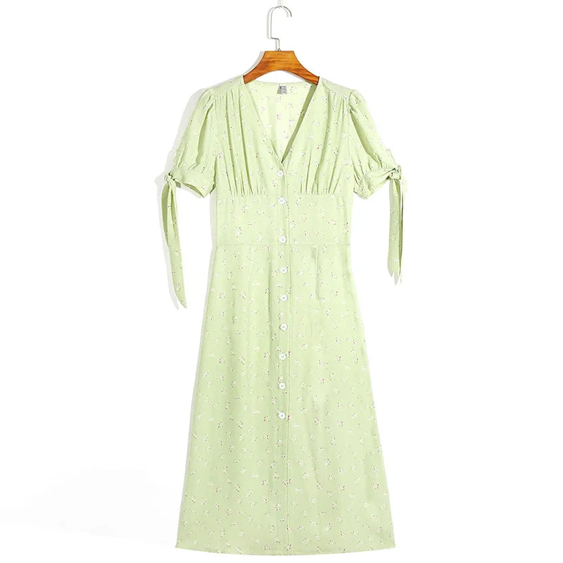 Dresses For Women Summer V Neck Short Sleeve Tie Floral Print Vintage Dress Buttoned Sexy Front Slit Elegant Midi Dress Clothes