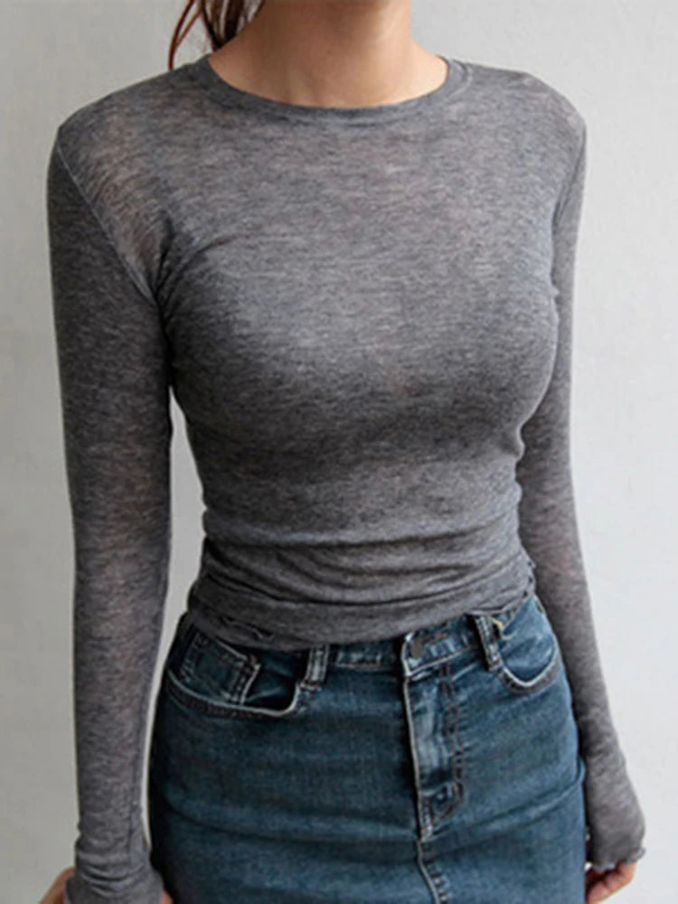 T Shirt Plain Berkualiti Tinggi Wanita Kapas Elastik Asas T-shirt Wanita Atasan Kasual Lengan Panjang Seksi T-shirt Nipis tembus