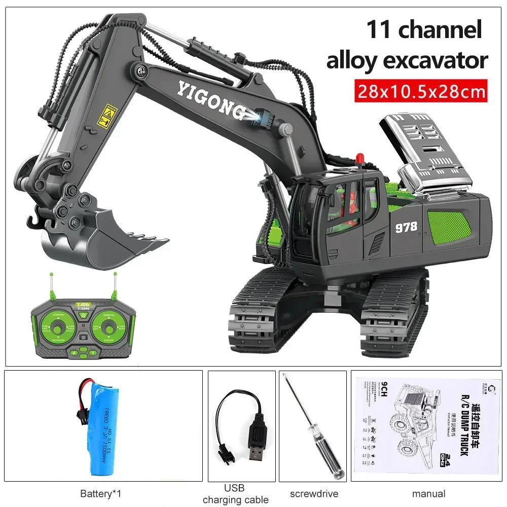 2.4G High Tech 11 Channels RC Excavator Dump Trucks Jentolak Aloi Kejuruteraan Plastik Kenderaan Mainan Elektronik Untuk Hadiah Lelaki