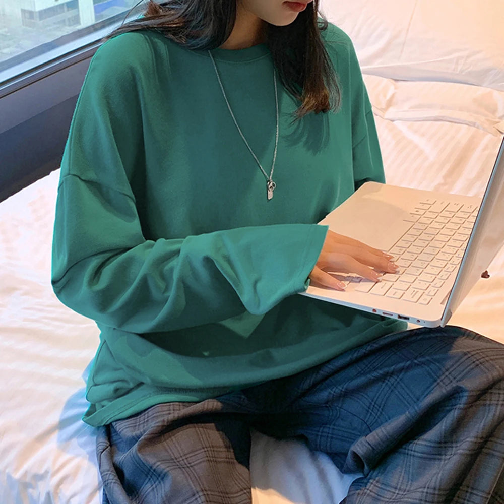 100% Cotton 2024 Spring New Long sleeve T-Shirt Women Basic Tee Shirt Oversize T Shirt Women Casual O-neck Women Tshirt US size