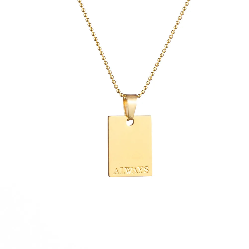2022 Gold Color Stainless Steel Pendants Necklace Inspirational Engraved Letters Square Pendant Beads Chain Necklace For Women