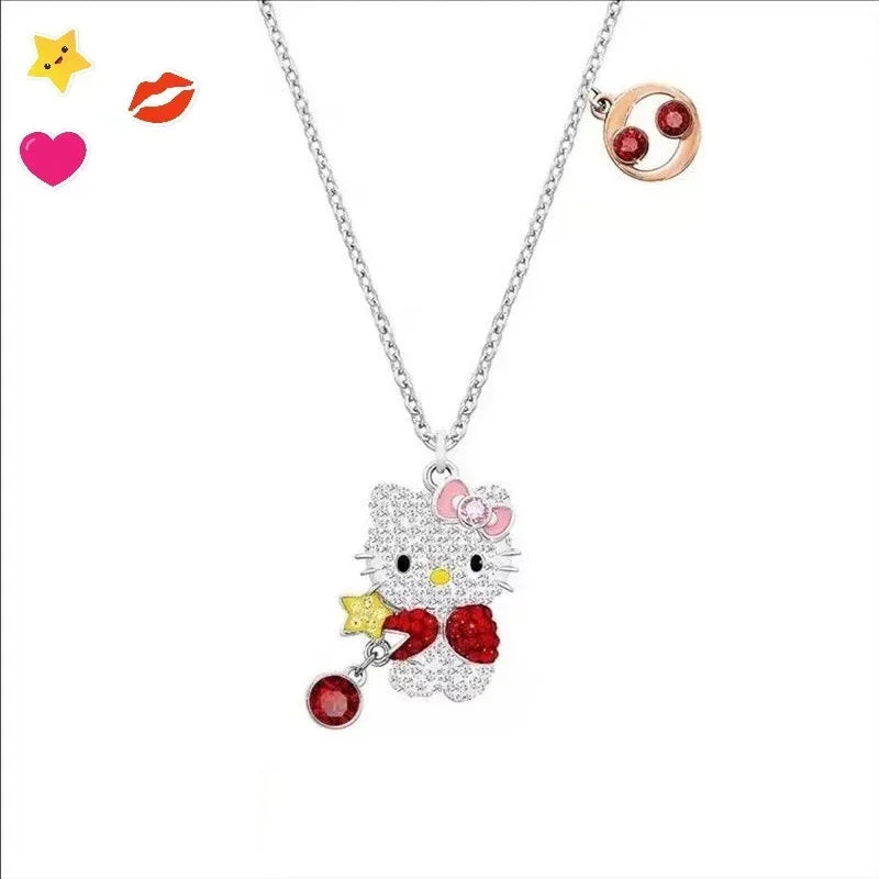 Kalung Hello Kitty Sanrio Watak Anime Pink Peach Heart Crystal Cat Gelang Tolak Tarik Loket Hiasan Pasangan Hadiah Gadis