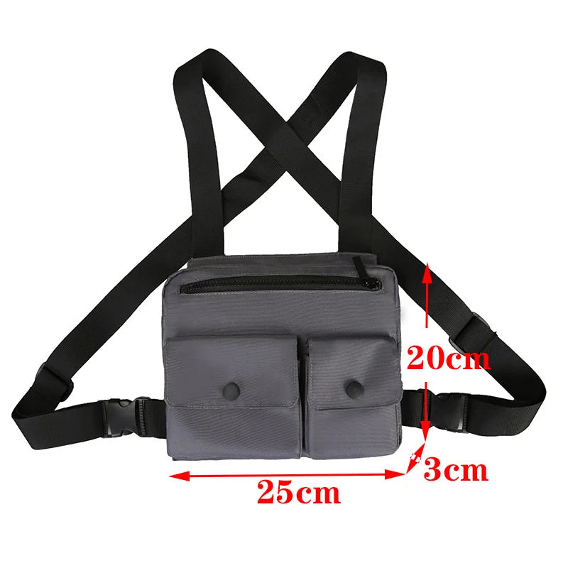 Beg Dada Taktikal Berfungsi untuk Lelaki Fesyen Peluru Hip Hop Vest Beg Streetwear Beg Pinggang Uniseks Beg Rig Dada Hitam 899