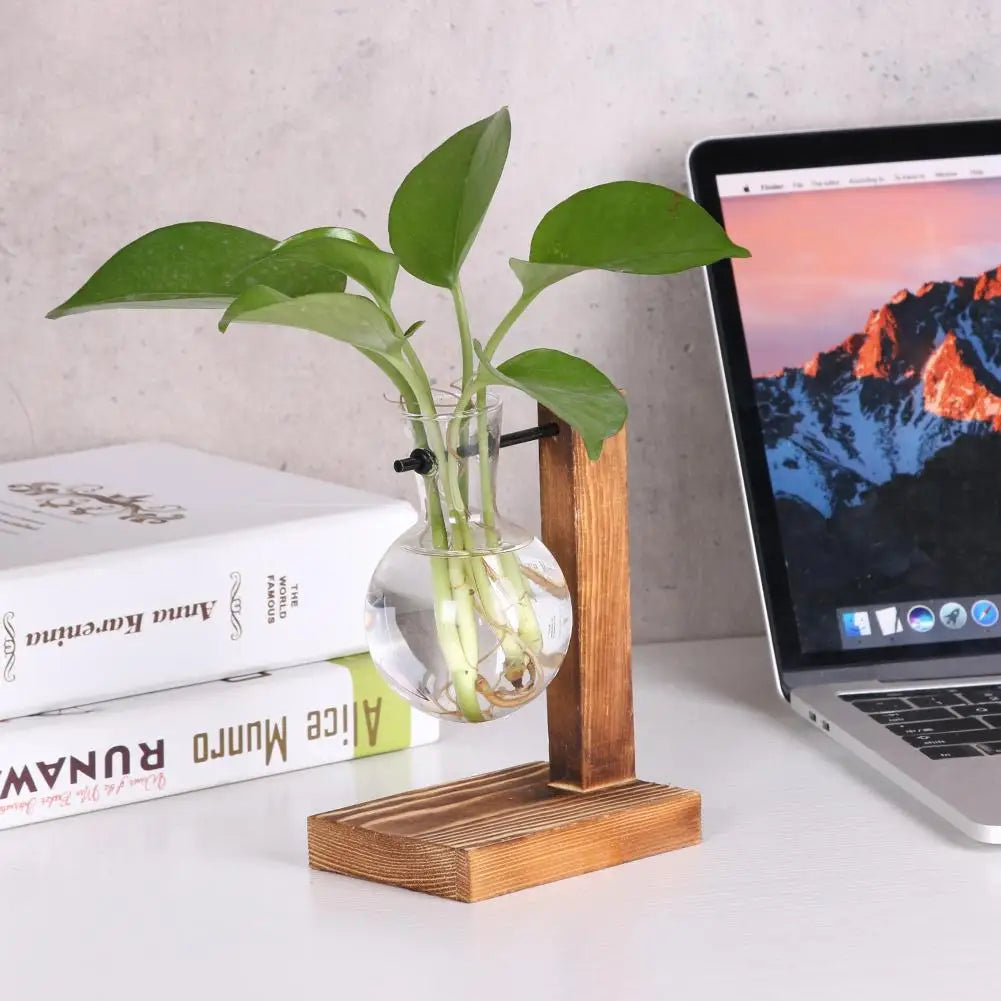 Pasu Kaca Lutsinar Bingkai Kayu Seni Besi Terarium Hiasan Meja Bonsai Pasu Bunga Meja Hidroponik Pot Bunga Tanaman