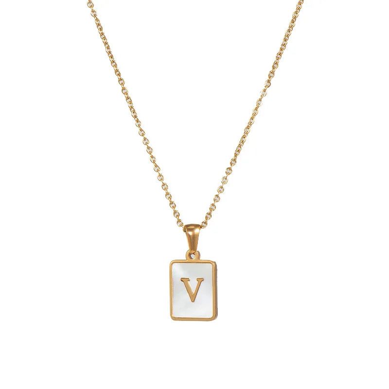 2023 New Minimalist Mother of Pearl Shell Stainless Steel Tarnish Free Initial Necklace Gold Plated Letter Necklace for Women