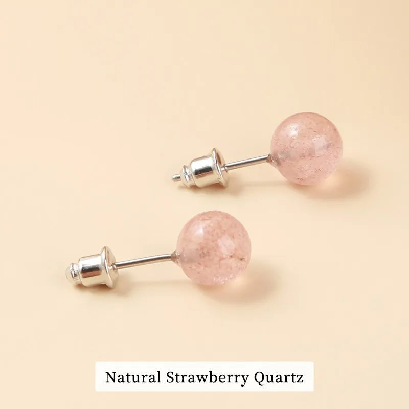Change Better Natural Stone Amethyst Tiger Eye Agate Round Beads Earring Women Fashion Simple Stainless Steel Crystal Ear Studs