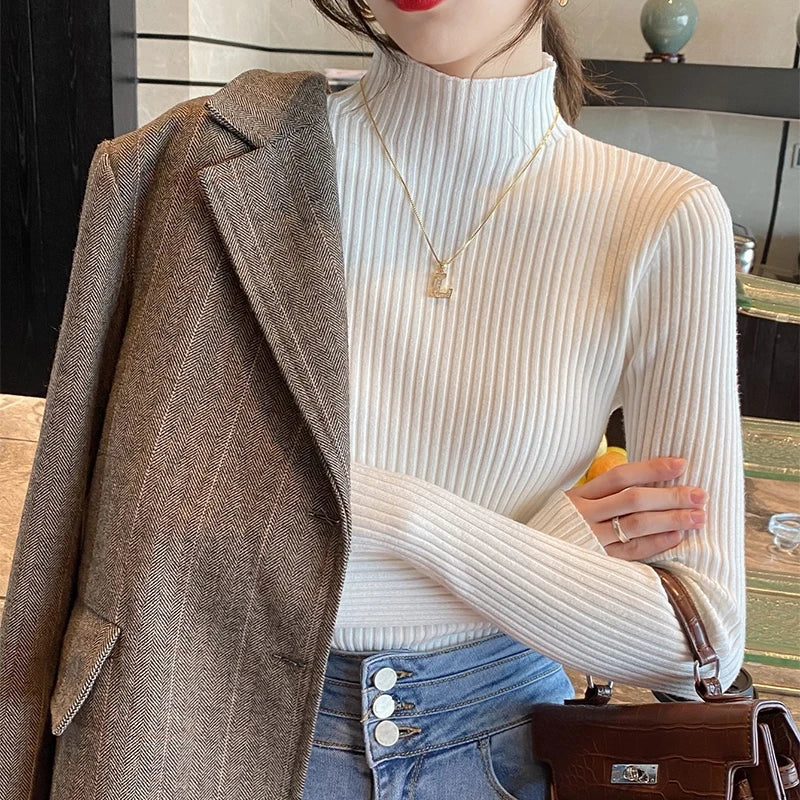 Atasan Rajutan Asas Pepejal Elegan Sweater Turtlneck Wanita Lengan Panjang Pullover Ramping Kasual Fesyen Korea Pakaian Bergaya Mudah