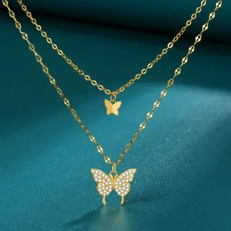Kalung Kupu-kupu Perak Kalung Loket Zirkon Kristal Wanita untuk Wanita Gadis Rantai Kristal Kalung Perhiasan Pesta