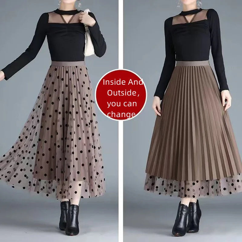 Skirt Bunga Mesh Wanita 2024 Musim Bunga Musim Panas Lace Berbondong-bondong Buaian Besar Elastik Pinggang Tinggi Fesyen Elegan Skirt A-line Skirt separuh