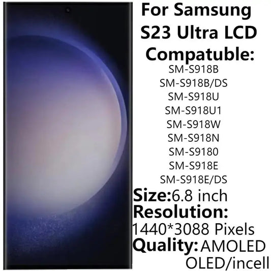 6.8" Super AMOLED untuk Paparan LCD Samsung S23 Ultra SM-S918B dengan Bingkai Pemasangan Penombang Skrin Sentuh Alat Gantian Pembaikan