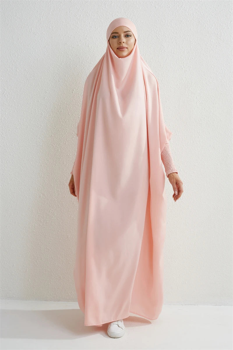 Muslim Abaya Women Jilbab Hooded Smocking Sleeve One-piece Prayer Dress Islamic Clothing Dubai Saudi Black Robe Turkish Modesty