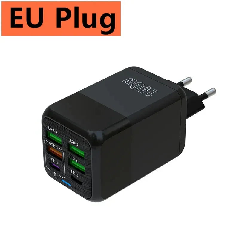150W 6 Ports Pengecas Cepat Penyesuai Dinding Pengecasan Super Cepat PD QC 3.0 Usb C Untuk iphone Samsung ipad Xiaomi Huawei Oneplus