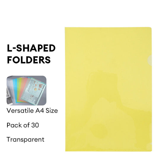Pack of 30 - Transparent A4 L-Shaped Folders, PP Material Data File Protective Sleeves, Random Colors