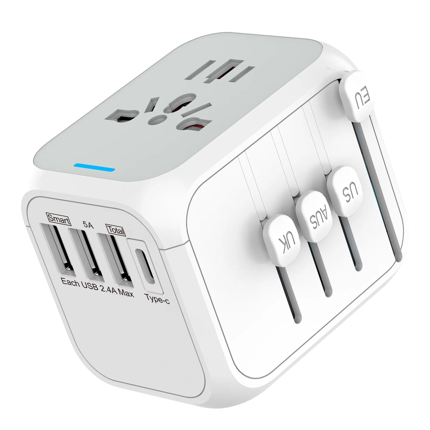 Dengan 3 penyesuai kuasa USB dan Jenis C untuk pengecasan pantas palam perjalanan EU/UK/AS/Australia, penyesuai perjalanan antarabangsa USB 5V 3A