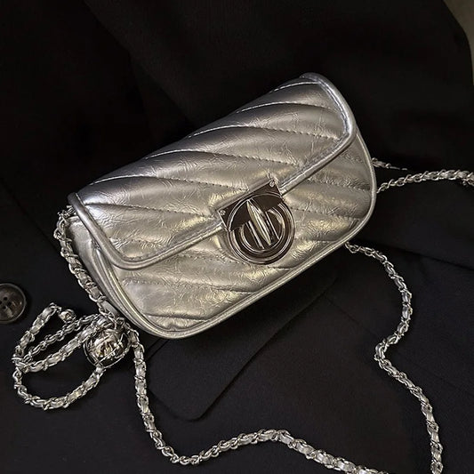 Silver Mini Crossbody Bags for Women Fashion Office Lady Rhomboid Lattice Shoulder Bag All-match PU Leather Chain Mini Handbag