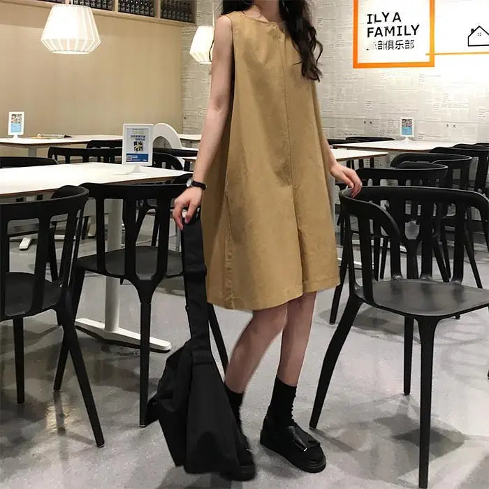 Rompers Wanita Harajuku Pepejal Trendi Korea Pakaian Tanpa Lengan Bergaya Kargo Retro O-Neck Pakaian Permainan Kanak-kanak Perempuan Preppy Pakaian Jalanan Baru