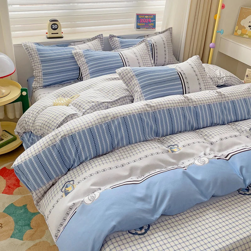 4 Piece, 100% Cotton Bedding Set, 4 Piece Bed Sheet Comforter Set, Simple Striped Check Couple Bed Quilt Set
