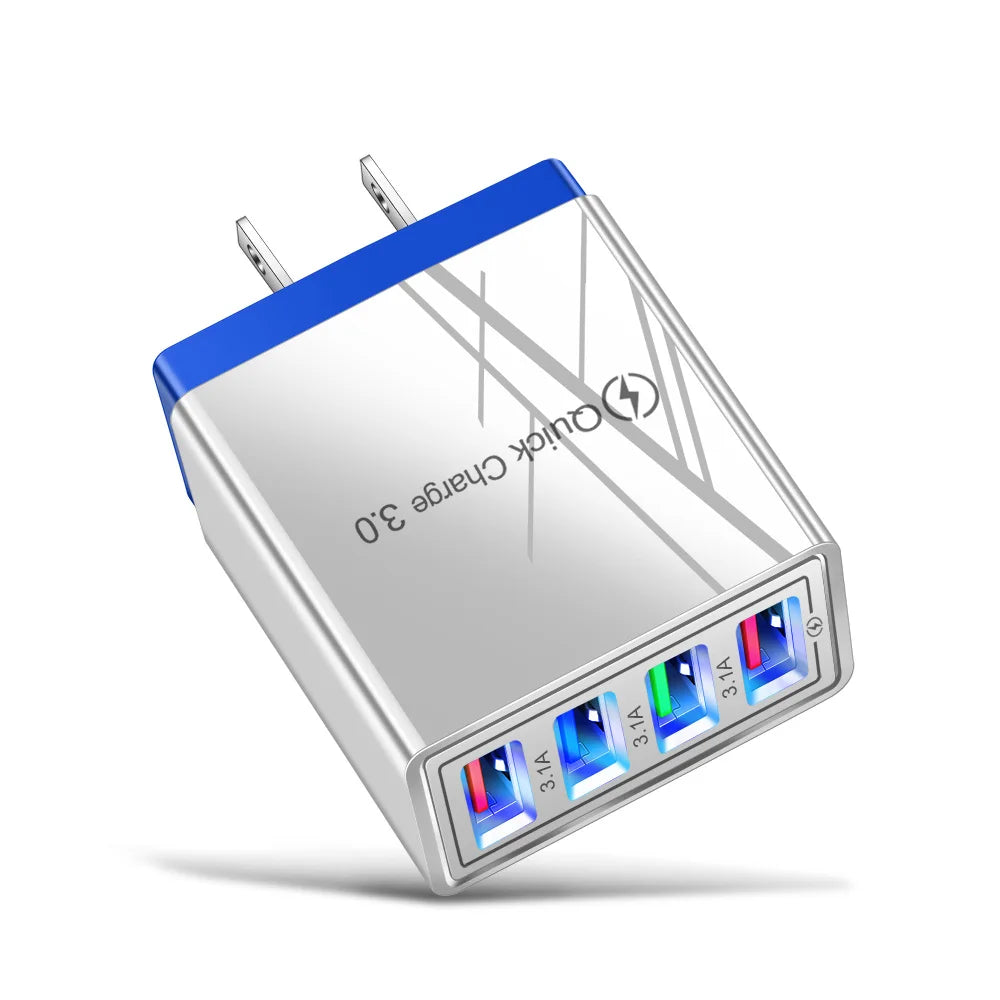 3.1A EU US 4USB Ports AC Perjalanan Rumah Pengecas Dinding Penyesuai Kuasa Untuk IPhone 12 13 14 15 Pro Max Samsung Xiaomi Huawei