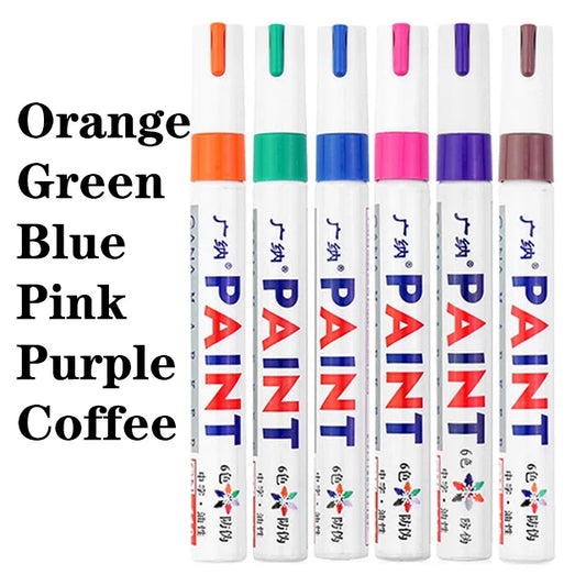 6Pcs Penanda Cat Putih Kekal Berwarna-warni Kalis Air Untuk Penanda Batu Tayar Tayar Fabrik Getah Logam 12 Warna Pen