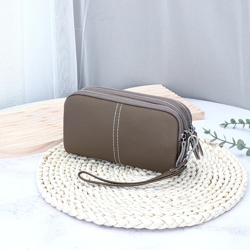 Large Capacity Wristlet Wallet Mobile Phone Pouch Women Leather Handbag Triple Zipper Clutch Phone Purse