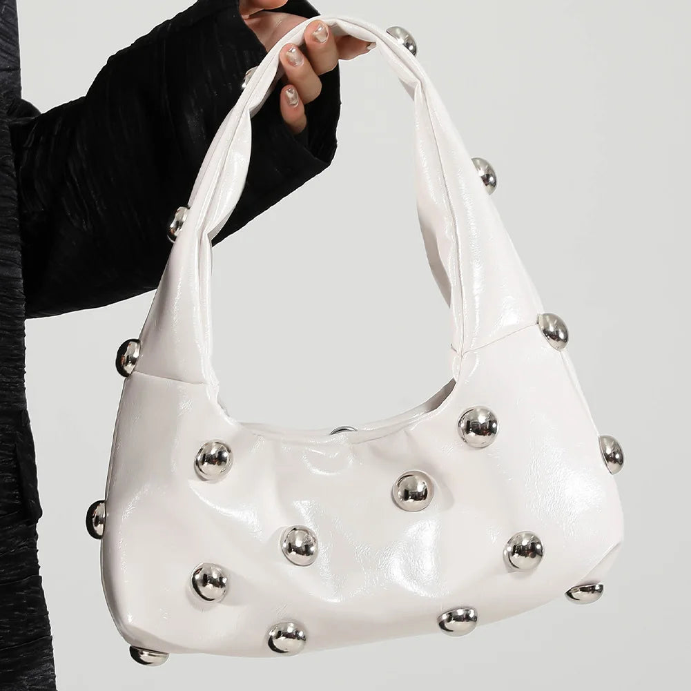 Underarm Bag Fashion Women PU Rivet Shoulder Bag Adjustable Strap Trendy Tote Handbag Punk Style Satchel Purse Chic Hobo Bag