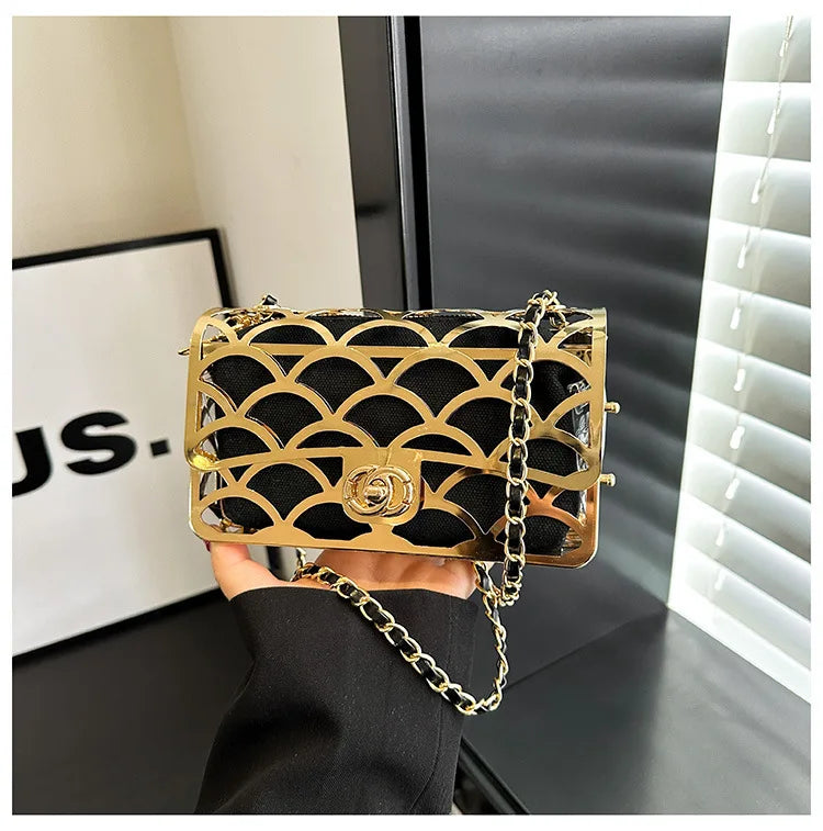 Female Metal Shoulder Crossbody Bag Luxury Designer Handbags Fashion Trendy Hollow Chain Mini Square Bags For Women
